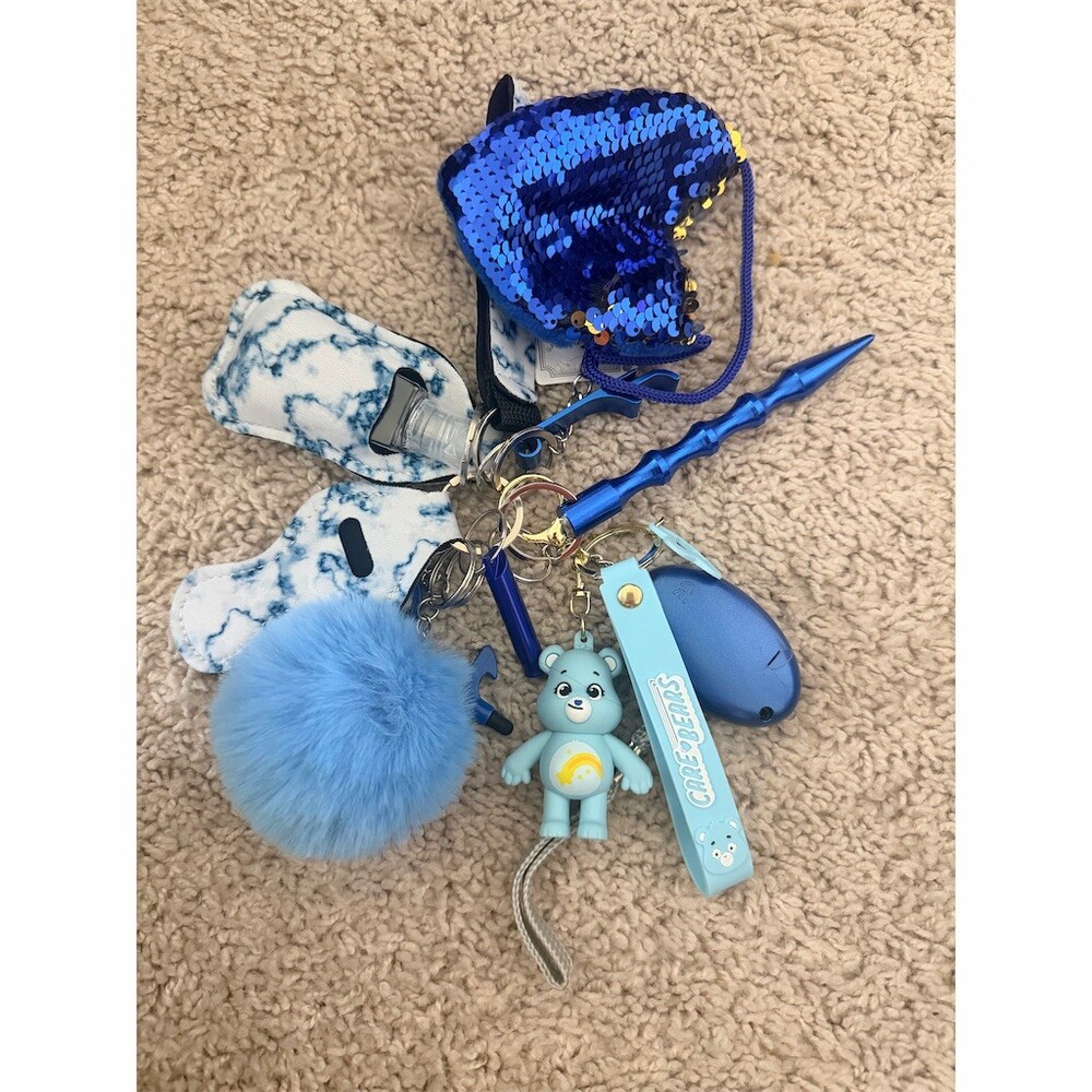 Care Bears Blue Bear Keychain Bag Charm Bundle Sequin Pouch Pom Pom Holder